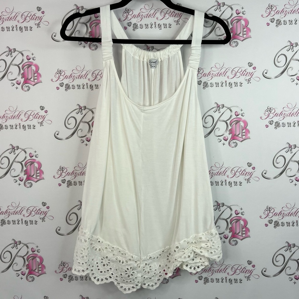 Kismet tank top halter cinched floral crochet White Eyelet Hem Tank Top
